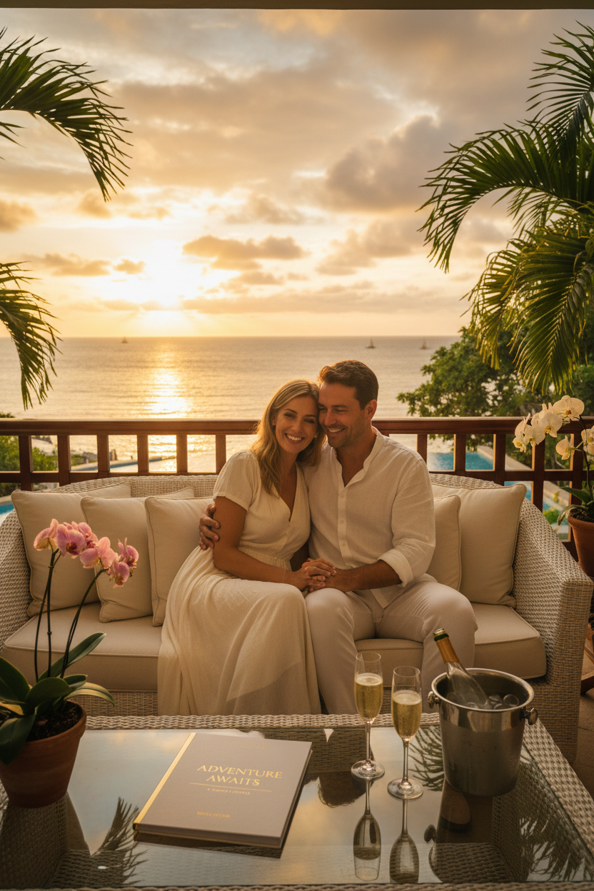 Romantic couple at luxury hotel balcony with travel planner